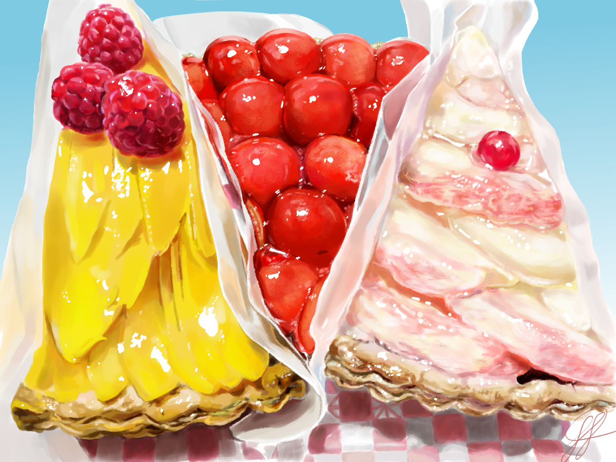 Mango, Cherry, White peach cakes